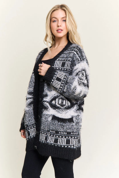 Jacquard Fuzzy Knit Cardigan