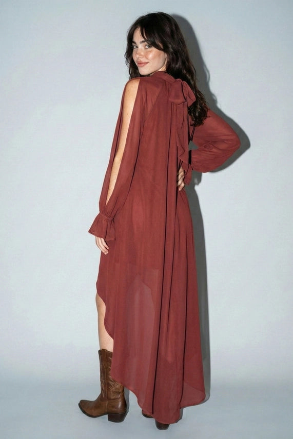 Autumn Radiance Taupe High-Low Maxi Dress