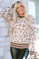 Two-Tone Ribbed Trim Contrast Leopard Sweater