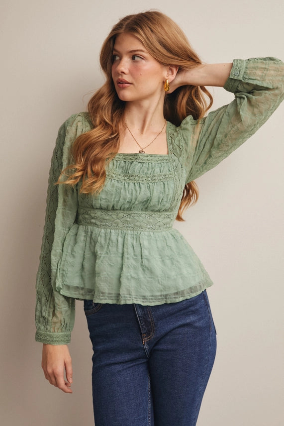 Lace Peplum Long Sleeve Blouse