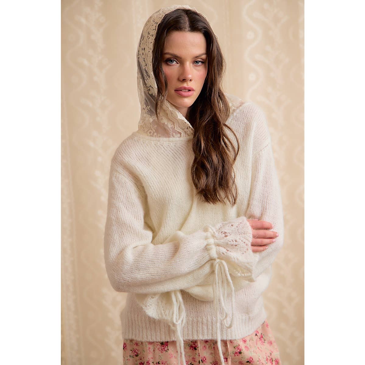 Colette Lace-Trim Hooded Knit Sweater Top