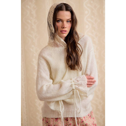 Colette Lace-Trim Hooded Knit Sweater Top