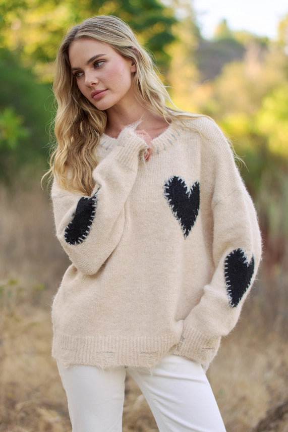 Oatmeal Heart Patch Knit Sweater