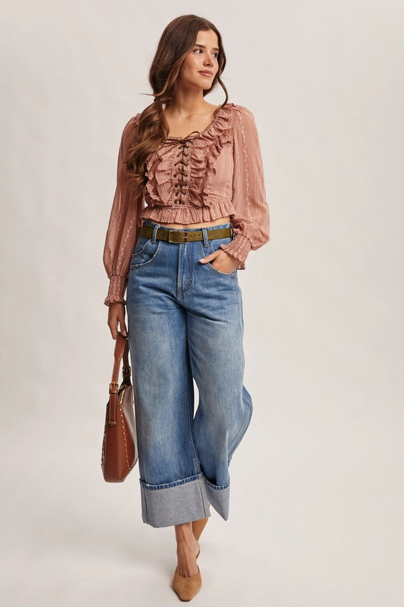 Ruffle Lace-Up Smocked Blouse