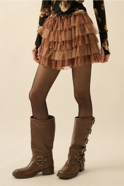 Lace and Tulle Tiered Ruffle Mini Skirt-Taupe