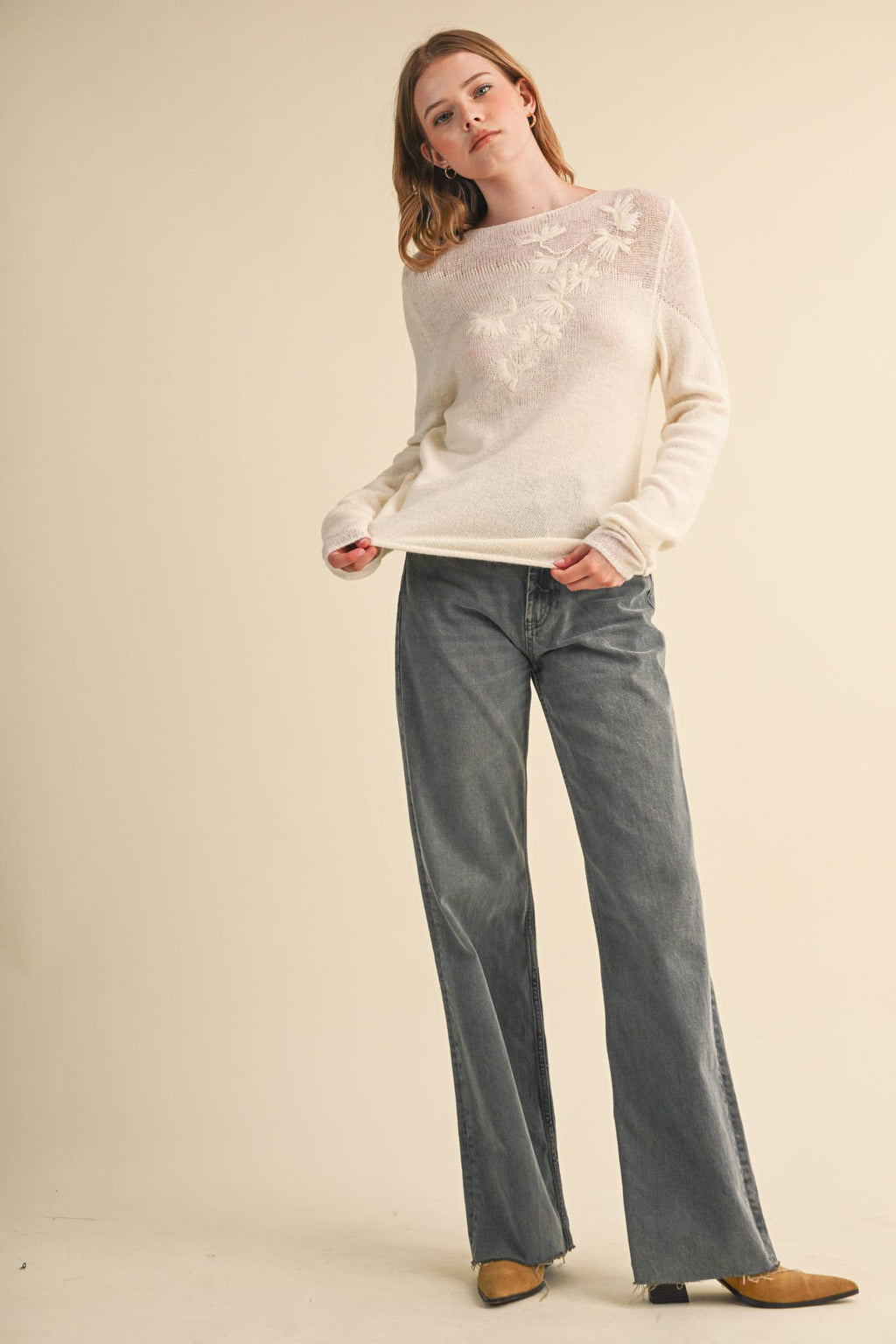 Evelyn Embroidered Boatneck Sweater – Cream