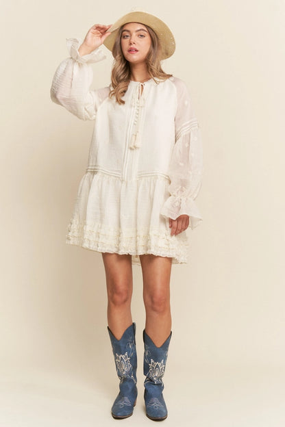 Floral Embroidered Long Sleeve Tassle Dress
