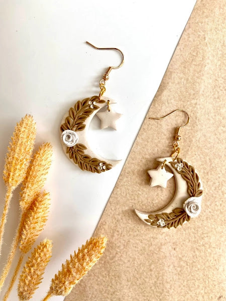 Floral Moon and Star Rose Dangle Earrings