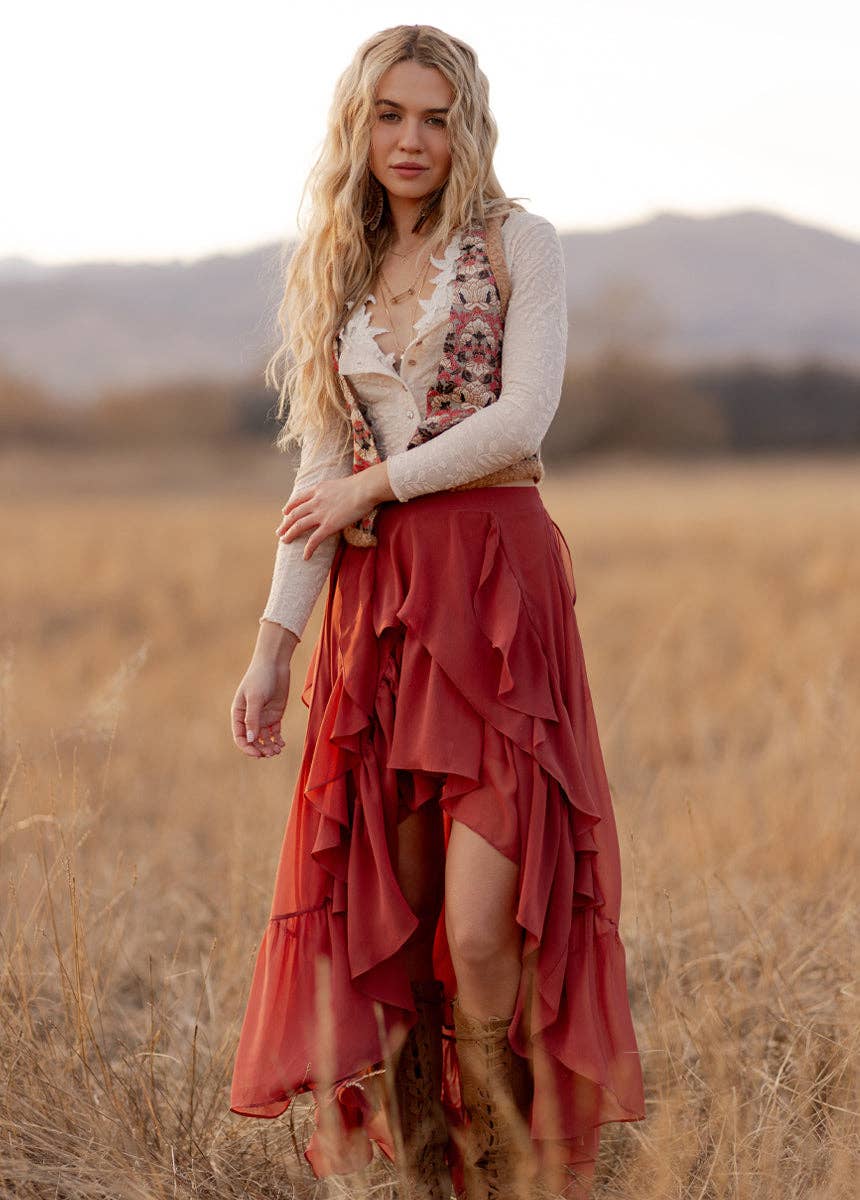Rust Ruffle Cascade Maxi Skirt