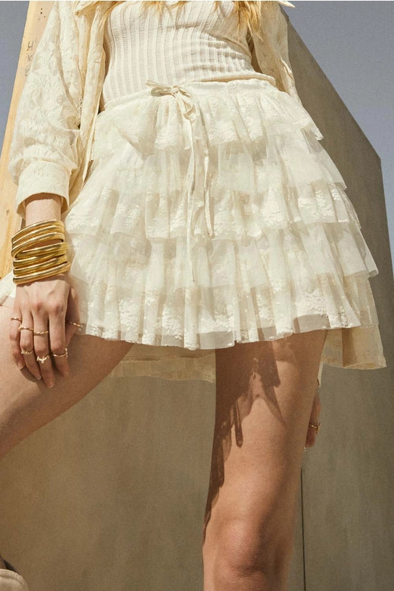 Lace and Tulle Tiered Ruffle Mini Skirt-Cream