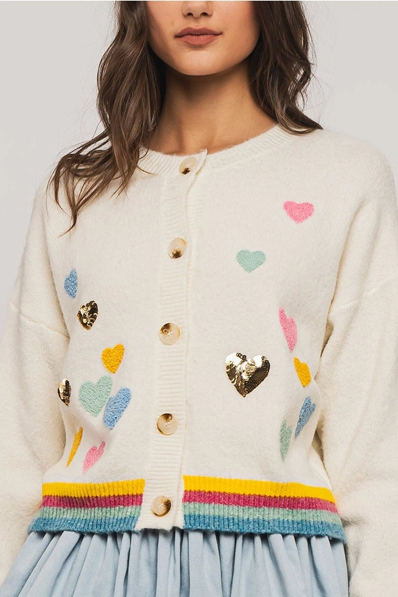 Embroidered Hearts Rainbow Cardigan