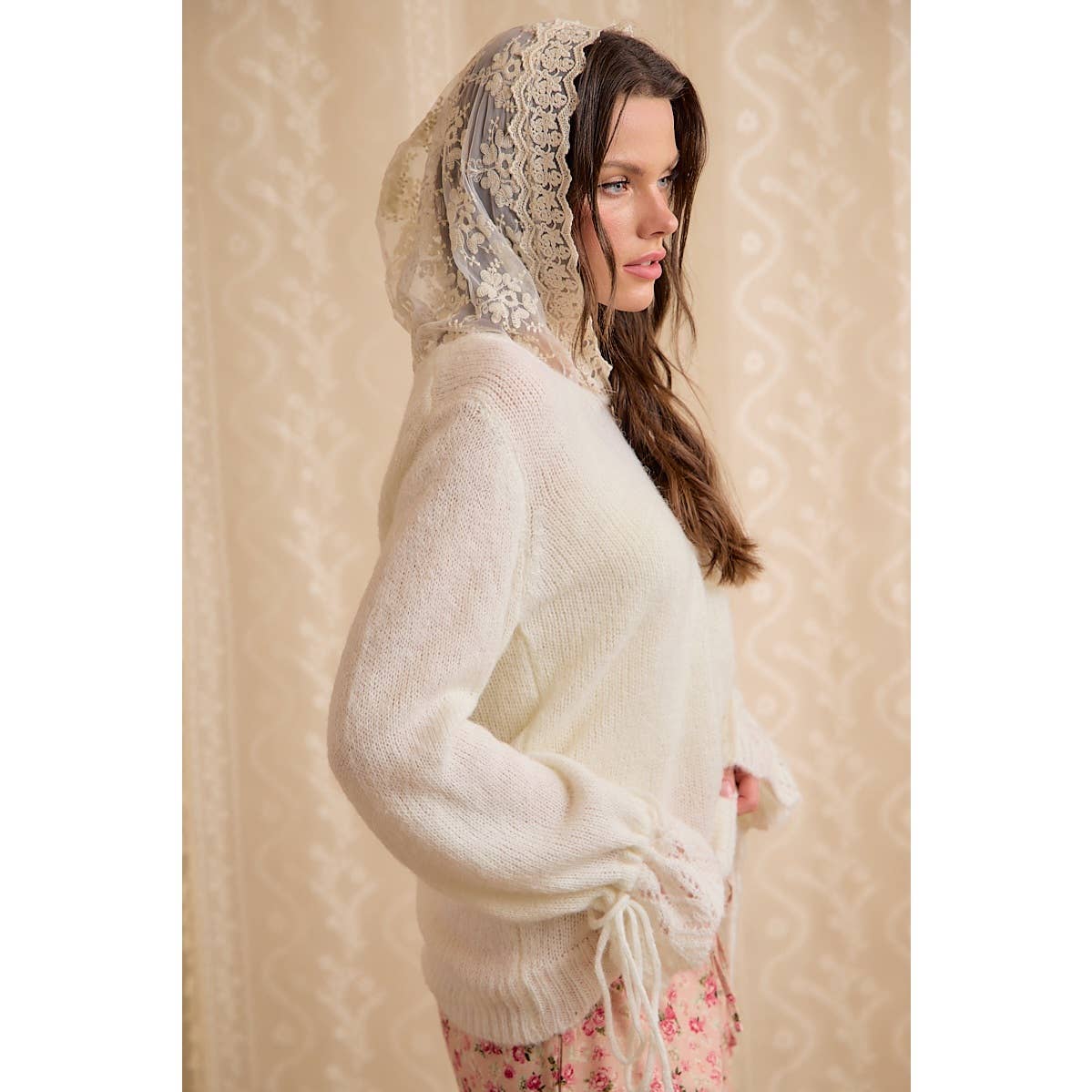 Colette Lace-Trim Hooded Knit Sweater Top