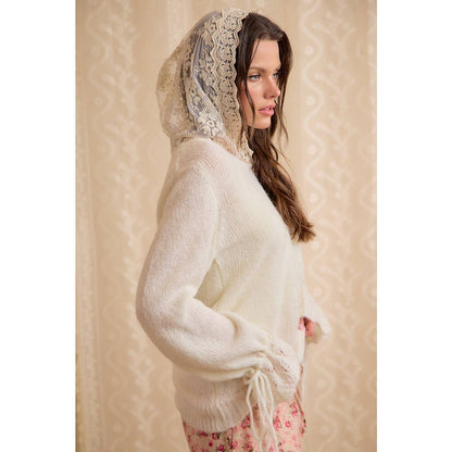 Colette Lace-Trim Hooded Knit Sweater Top