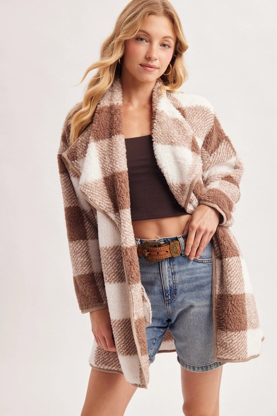 Tahoe Plaid Draped Shawl Collar Teddy Jacket