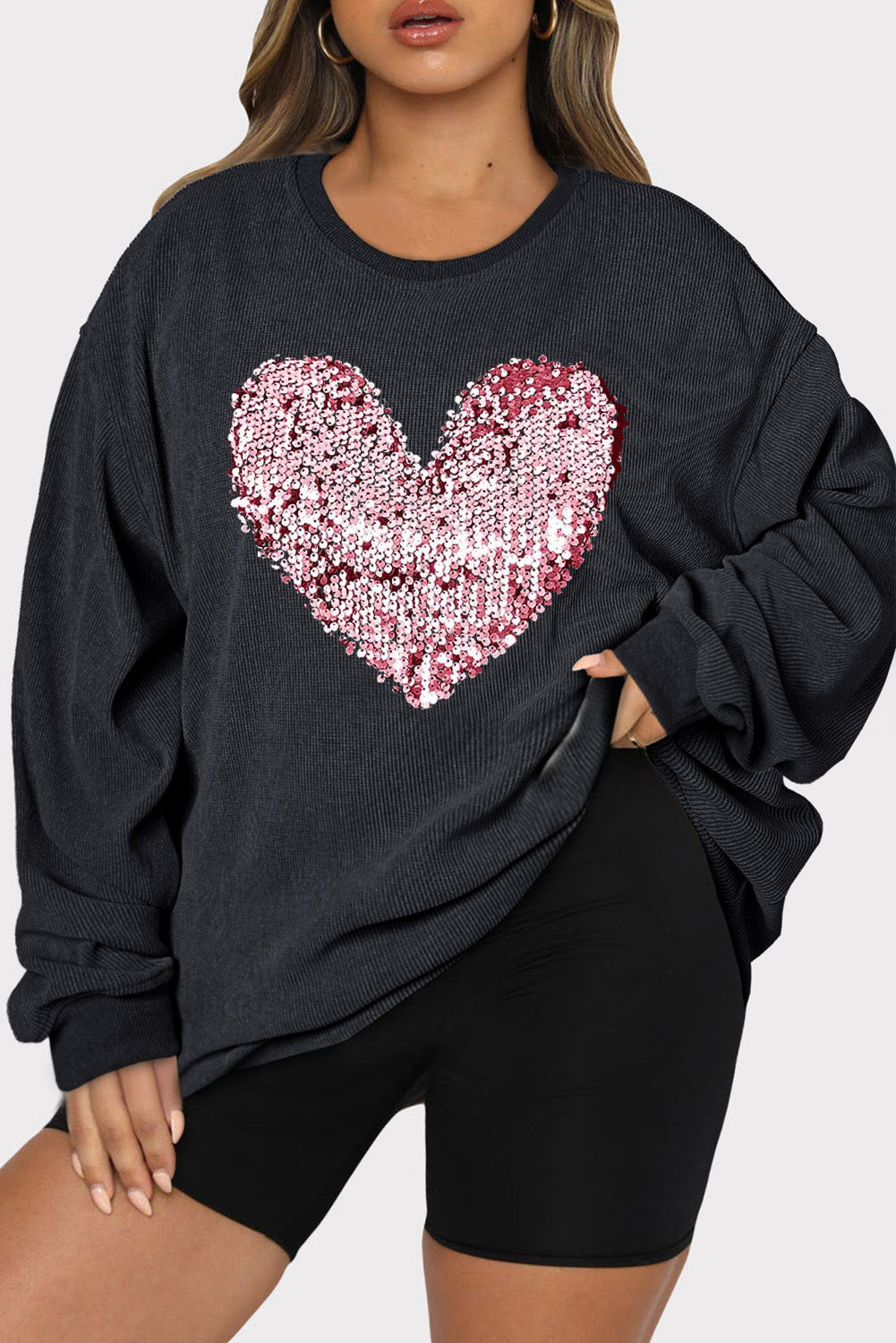 Heart Sequin Round Neck Sweatshirt