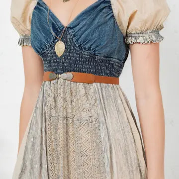 Boho Denim Patchwork Midi Dress-Floral