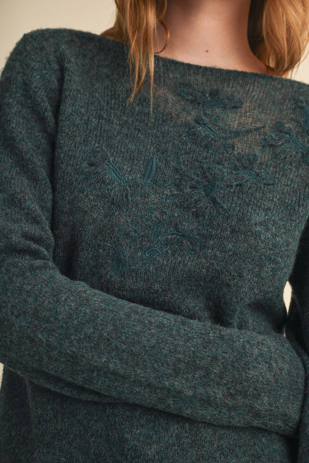 Evelyn Embroidered Boatneck Sweater – Teal Green