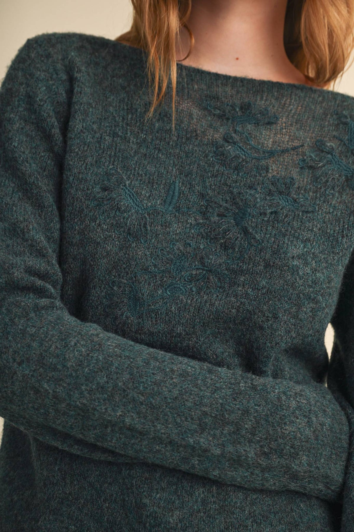 Evelyn Embroidered Boatneck Sweater – Teal Green