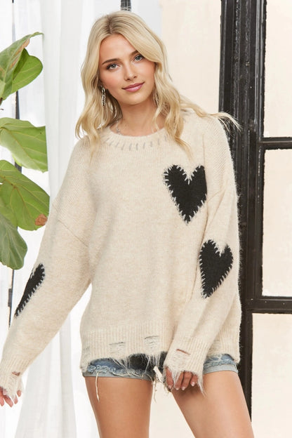Long Sleeve Heart Patch Knit Sweater