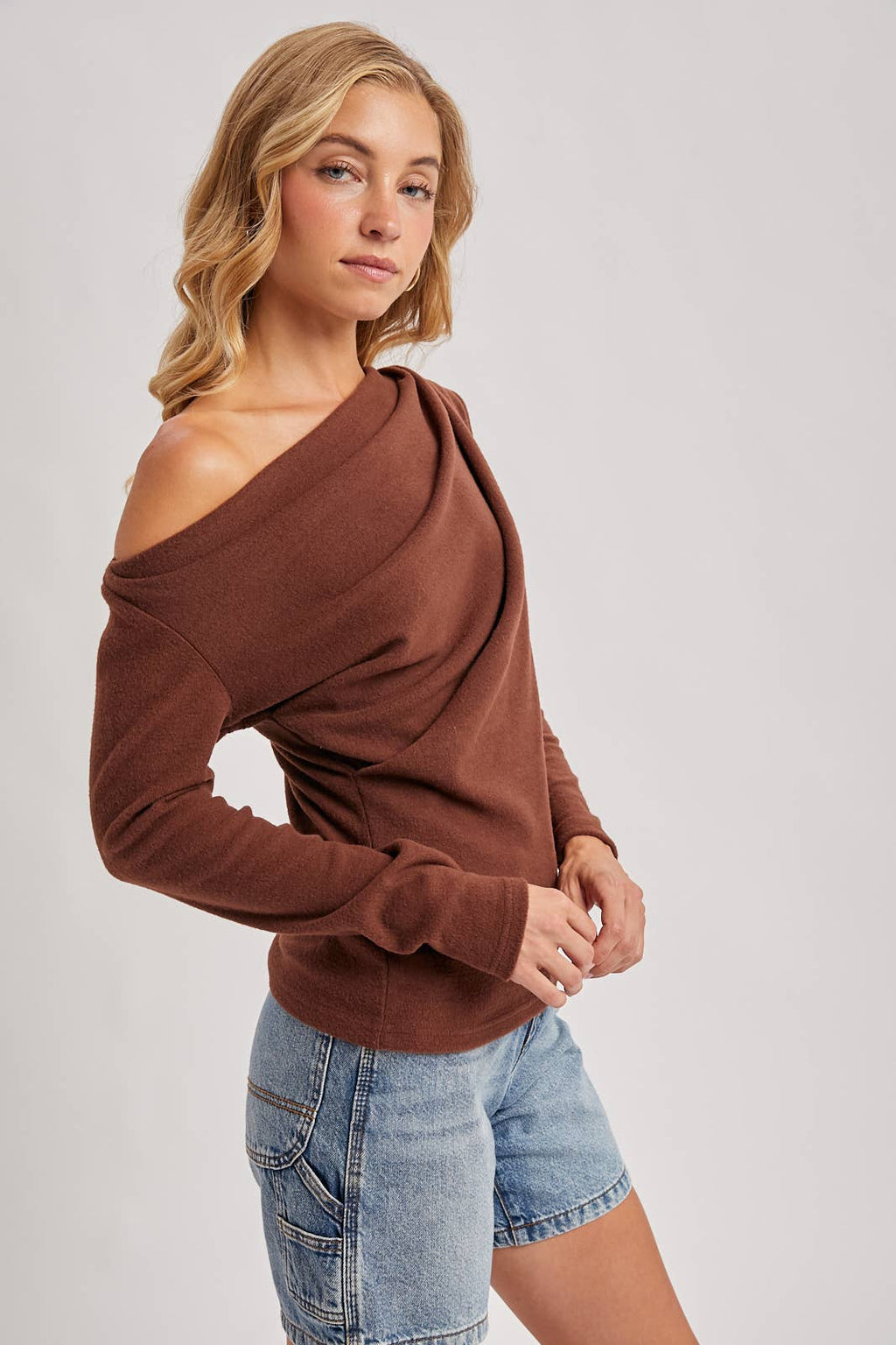 Hazelnut One-Shoulder Pleated Knit Top