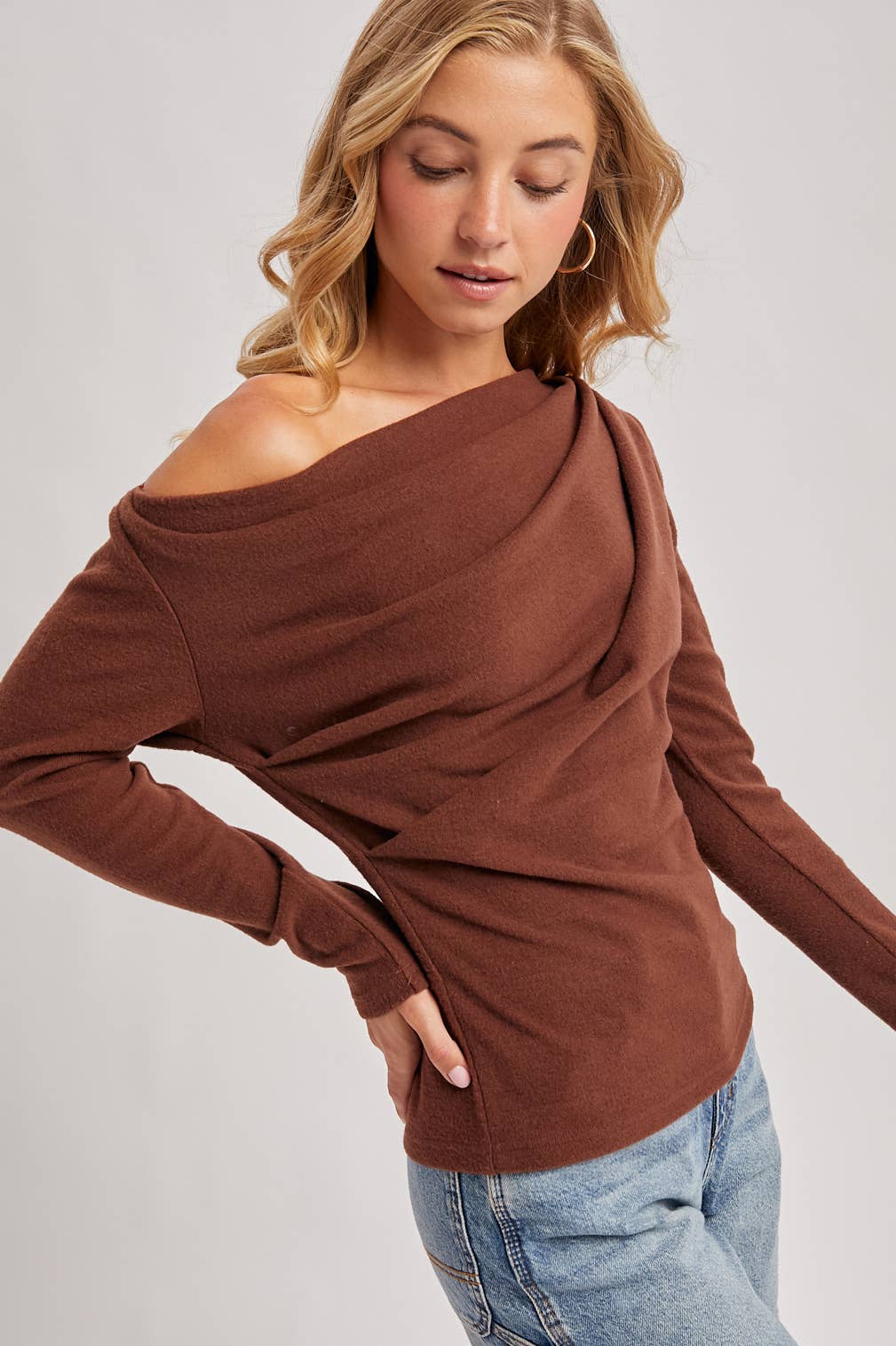 Hazelnut One-Shoulder Pleated Knit Top