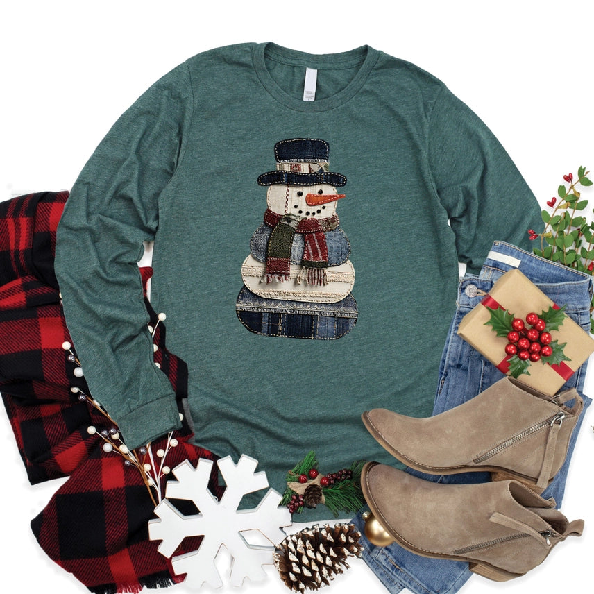 Patchwork Snowman Graphic Long Sleeve
