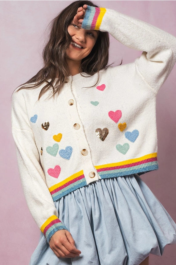 Embroidered Hearts Rainbow Cardigan