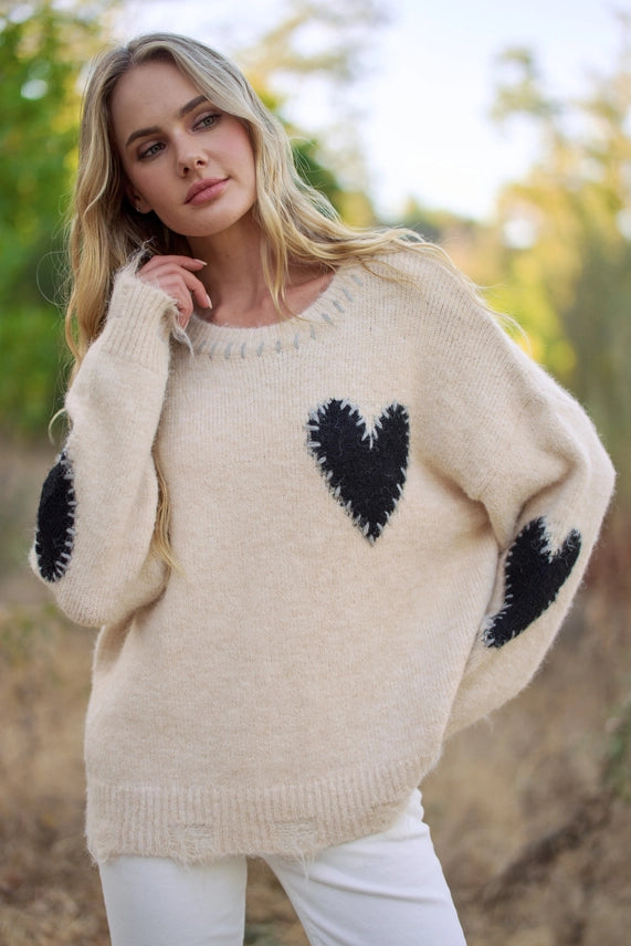Oatmeal Heart Patch Knit Sweater