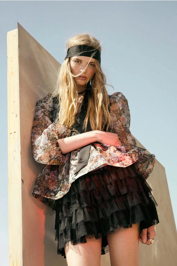 Lace and Tulle Tiered Ruffle Mini Skirt-Black