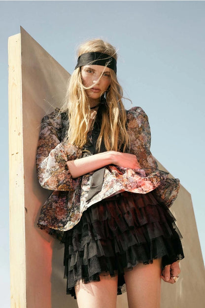 Lace and Tulle Tiered Ruffle Mini Skirt-Black