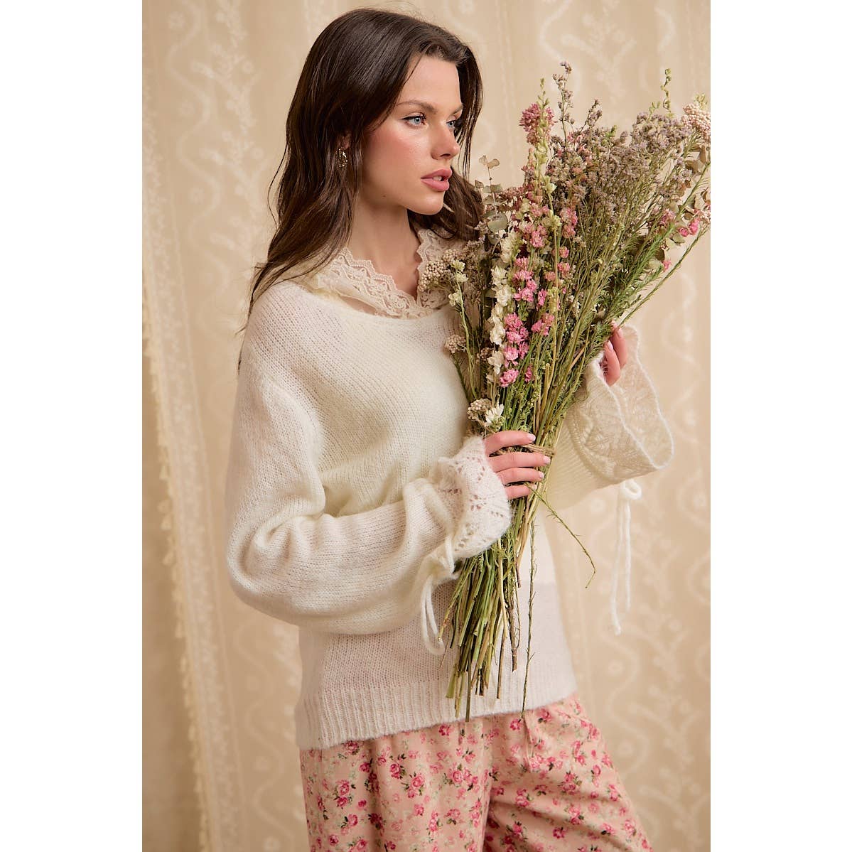 Colette Lace-Trim Hooded Knit Sweater Top