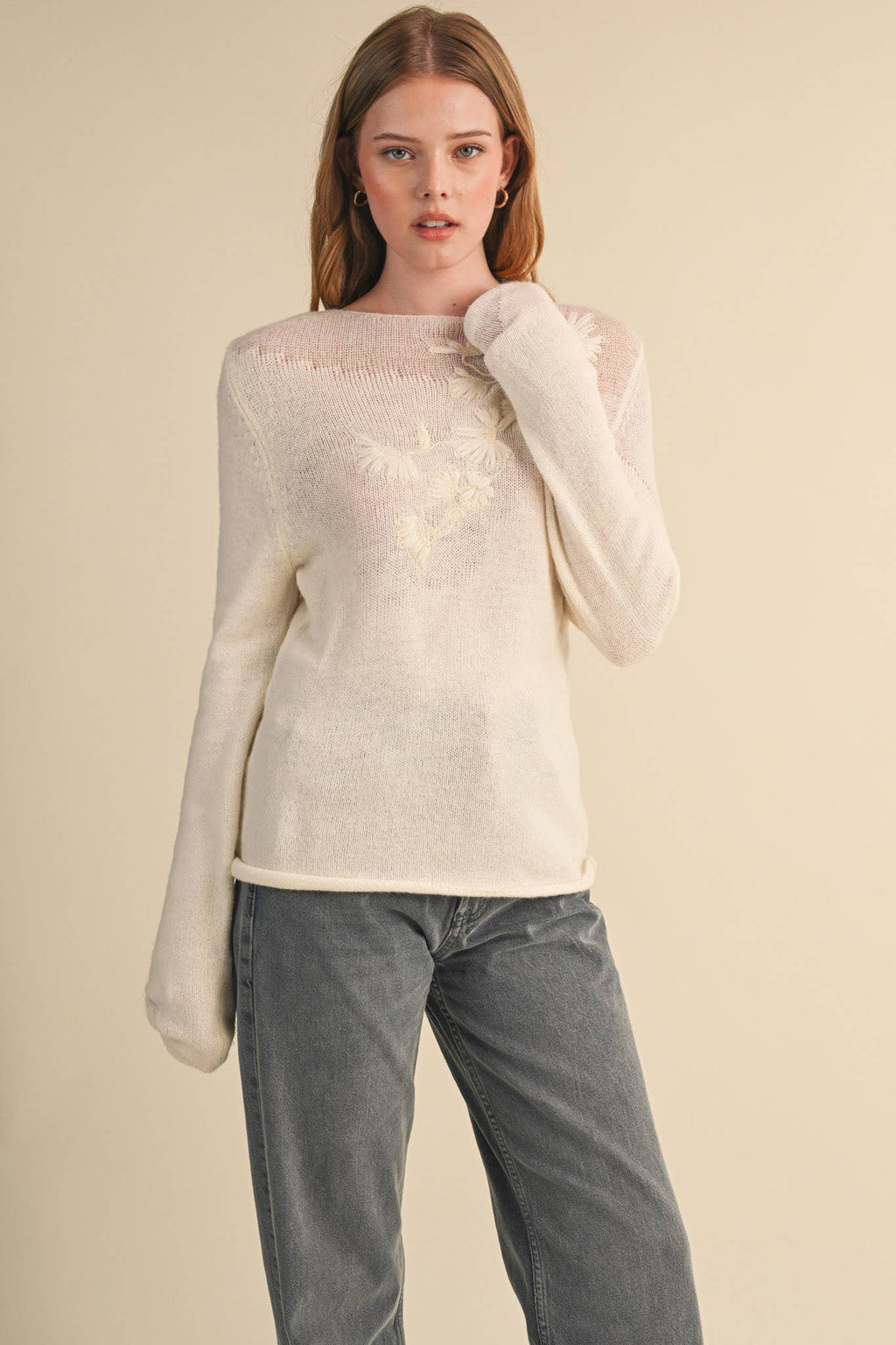 Evelyn Embroidered Boatneck Sweater – Cream