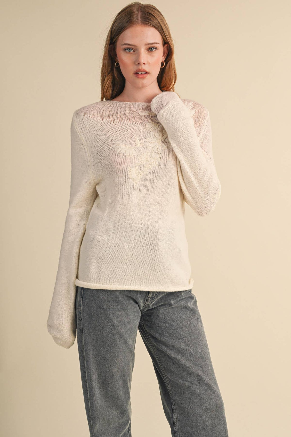 Evelyn Embroidered Boatneck Sweater – Cream