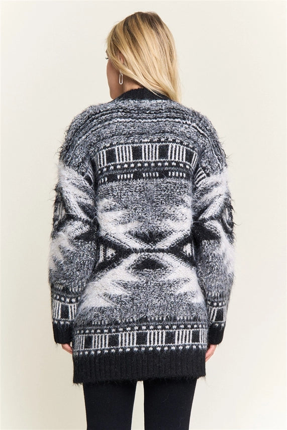 Jacquard Fuzzy Knit Cardigan