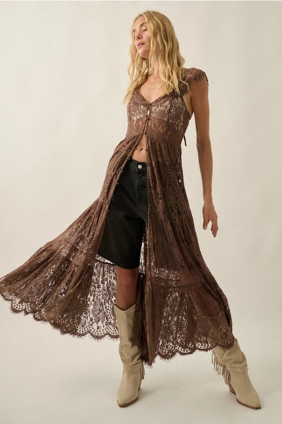 Sheer Floral Lace Button-Front Maxi Duster