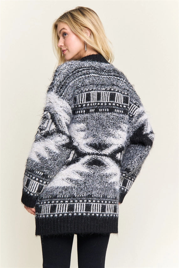Jacquard Fuzzy Knit Cardigan