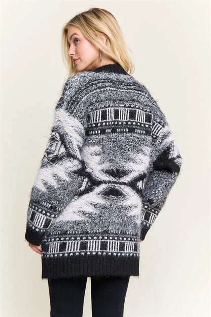 Jacquard Fuzzy Knit Cardigan