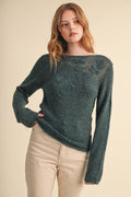 Evelyn Embroidered Boatneck Sweater – Teal Green