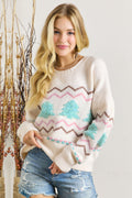 Tree Ribbed Trim Drop Shoulder Sweater