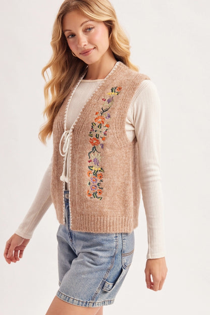 Meadow Vintage Floral Embroidered Tie Vest