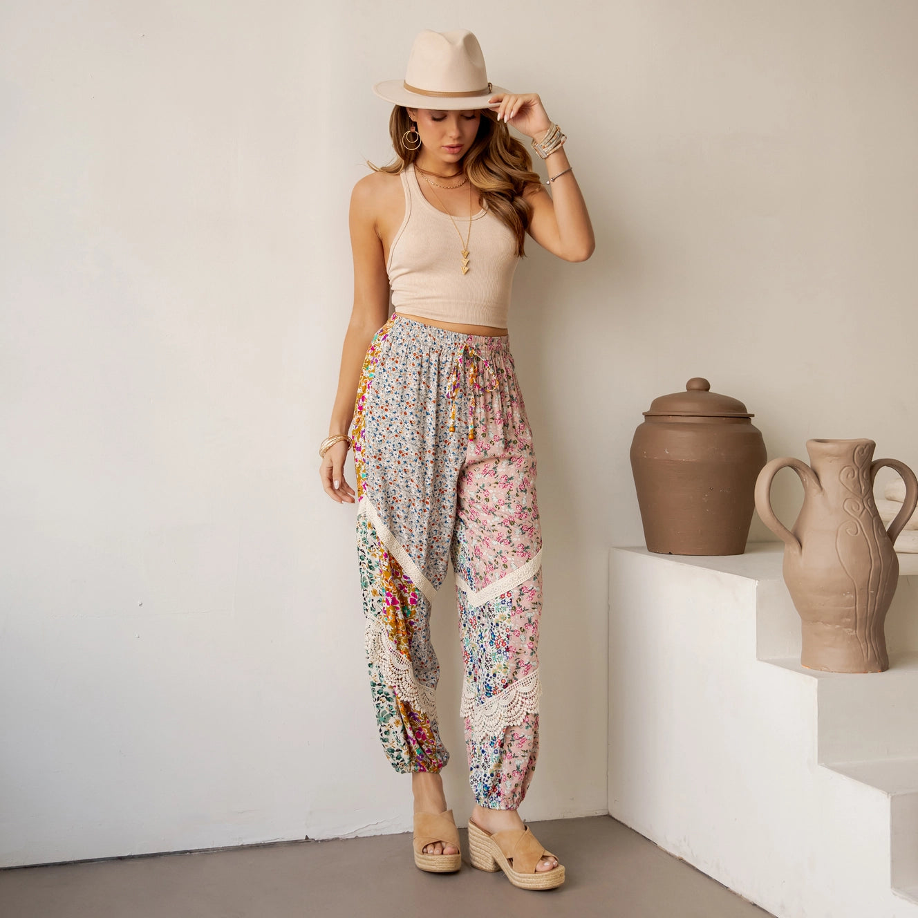Boho Patchwork Lace-Trim Harem Pants