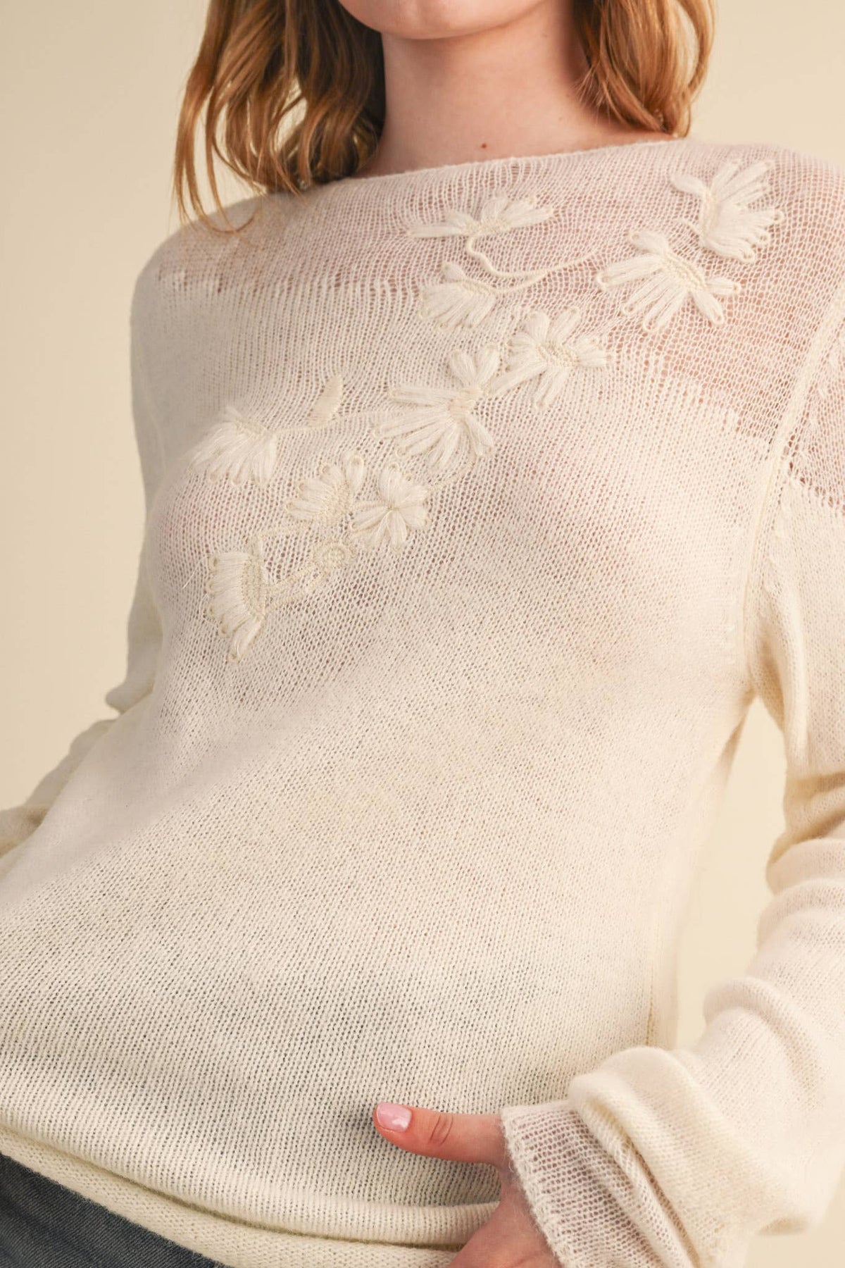 Evelyn Embroidered Boatneck Sweater – Cream