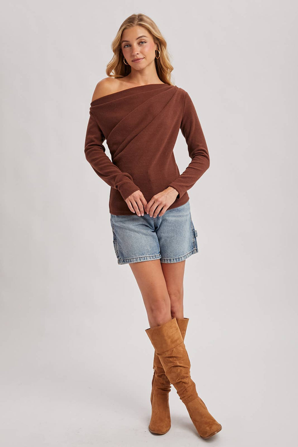 Hazelnut One-Shoulder Pleated Knit Top