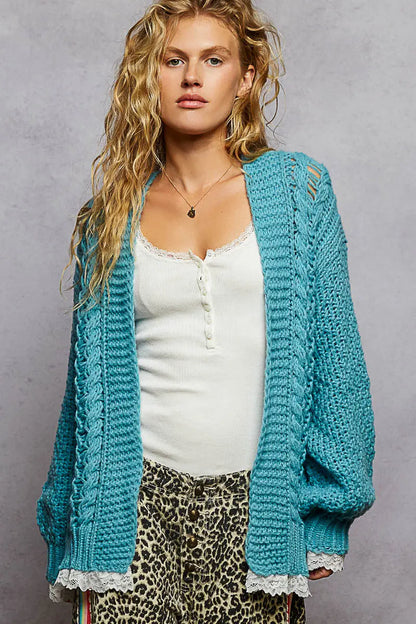 V neck lace trim solid acrylic sweater open cardigan