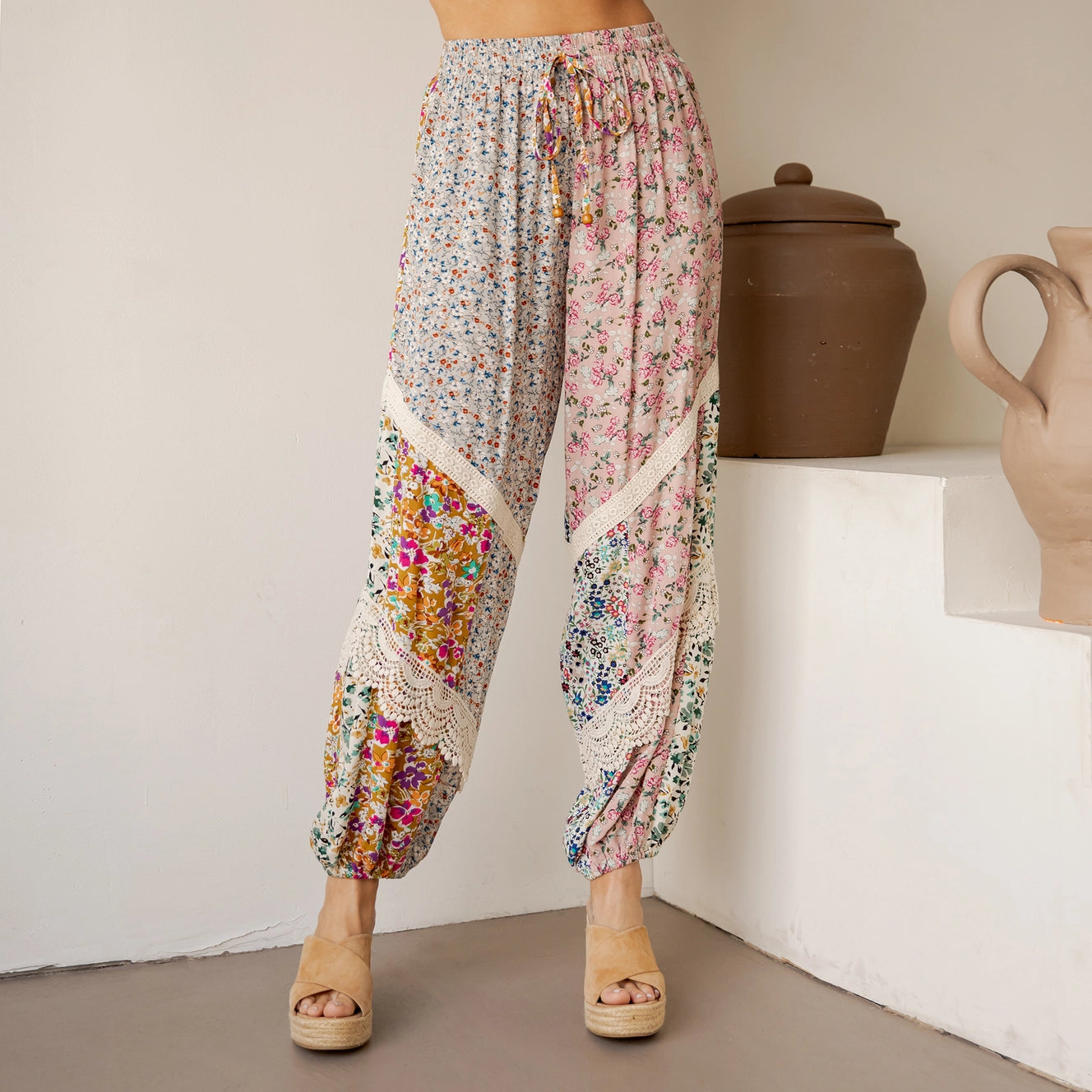 Boho Patchwork Lace-Trim Harem Pants