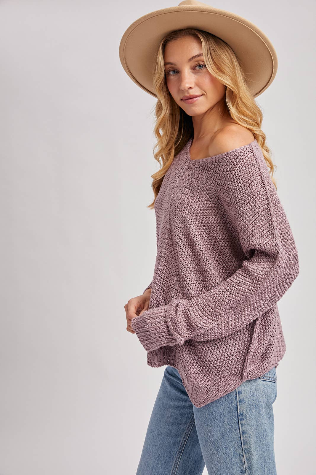 Mauve Mist Reverse Seam Loose Fit Knit Sweater