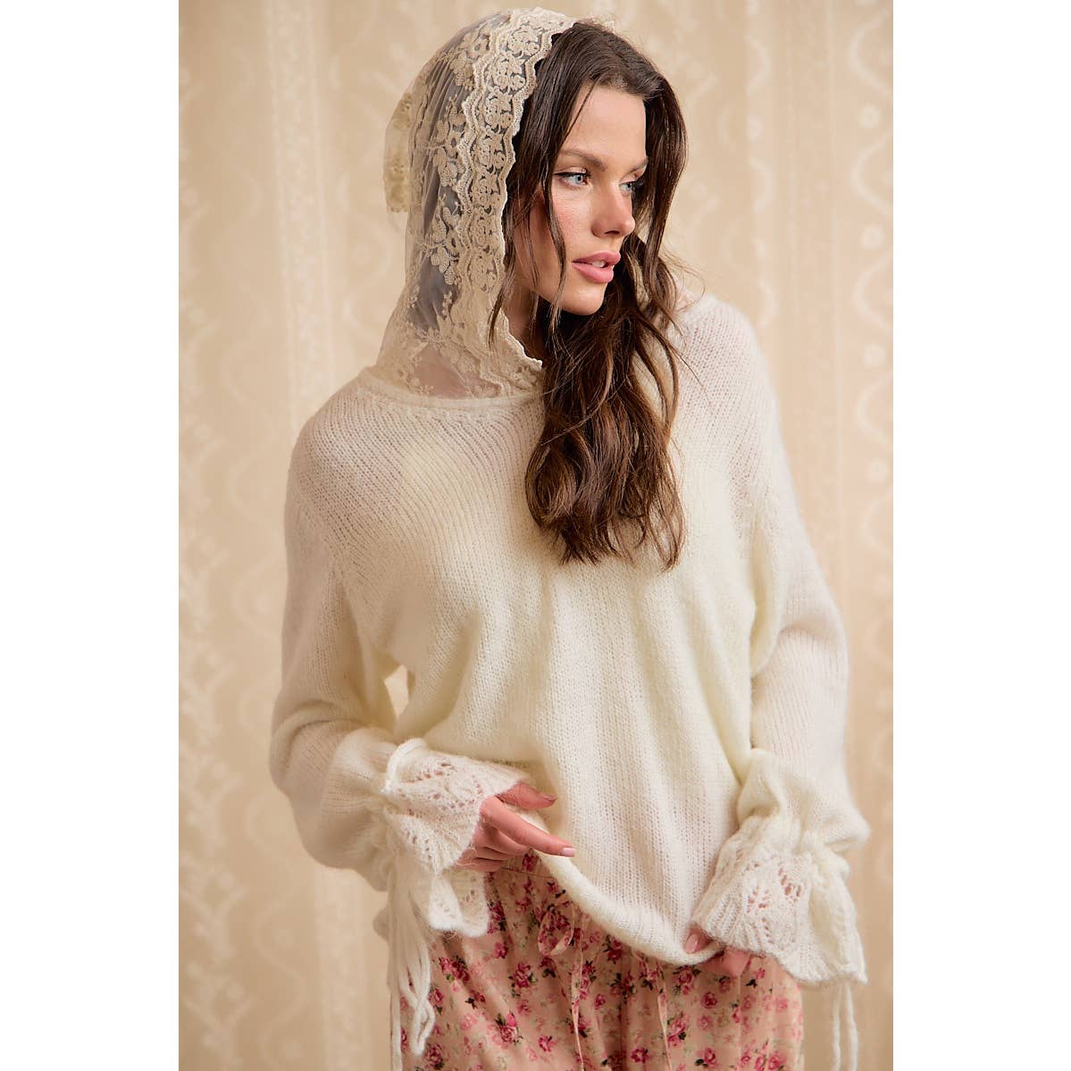 Colette Lace-Trim Hooded Knit Sweater Top