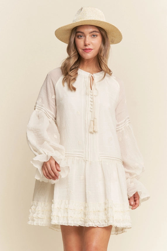 Floral Embroidered Long Sleeve Tassle Dress
