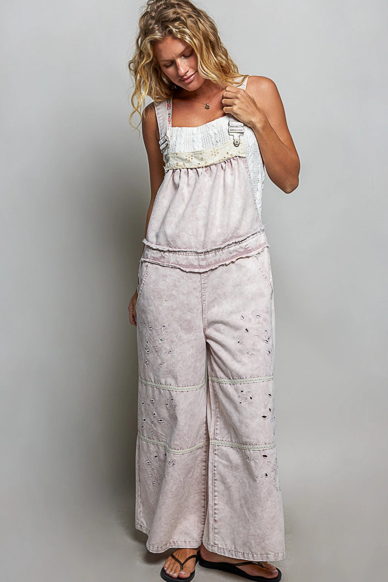 Laser-Cut Trim Denim Overalls