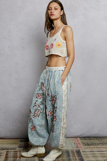 Wildflower Embroidered Denim Joggers **PRE-ORDER**
